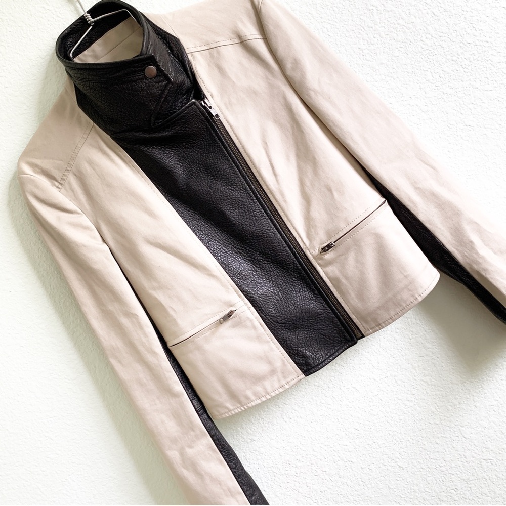 THEORY Velea combo motorcycle cotton black lamb leather khaki jacket petite